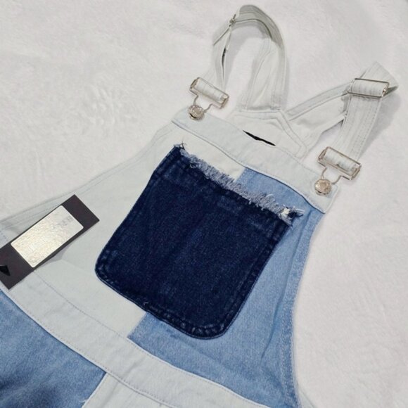 Momokrom ✦ Patchwork Two Tone Denim Overalls ✦ Frayed Seams Adjustable Straps 4 - Picture 2 of 9